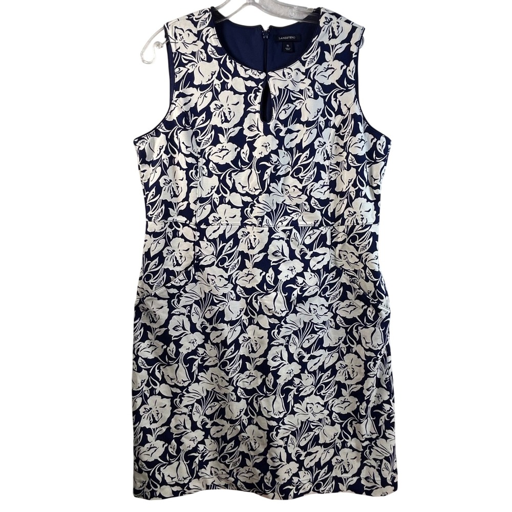 Lands End Womens Navy White Keyhole Sleeveless Sheath Dress Size 16 Pockets